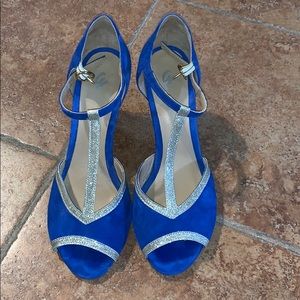 T-Strap Blue Pumps with Gold Glitter